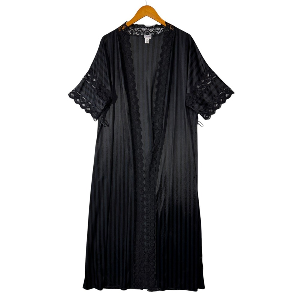 Fredericks of Hollywood Robe Medium Black Sheer Lace Trim Long Lounge VTG - Picture 3 of 9